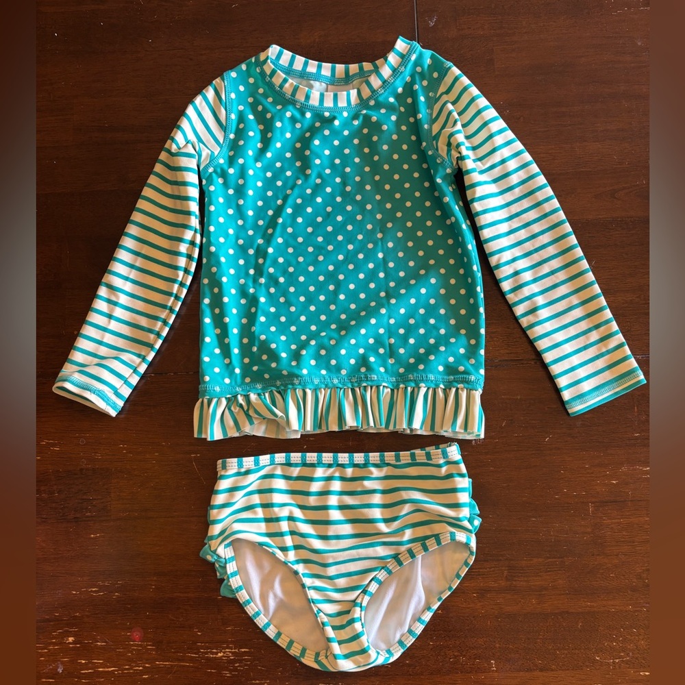 4T Ruffle Butts Blue and White Rashguard Swimsuit